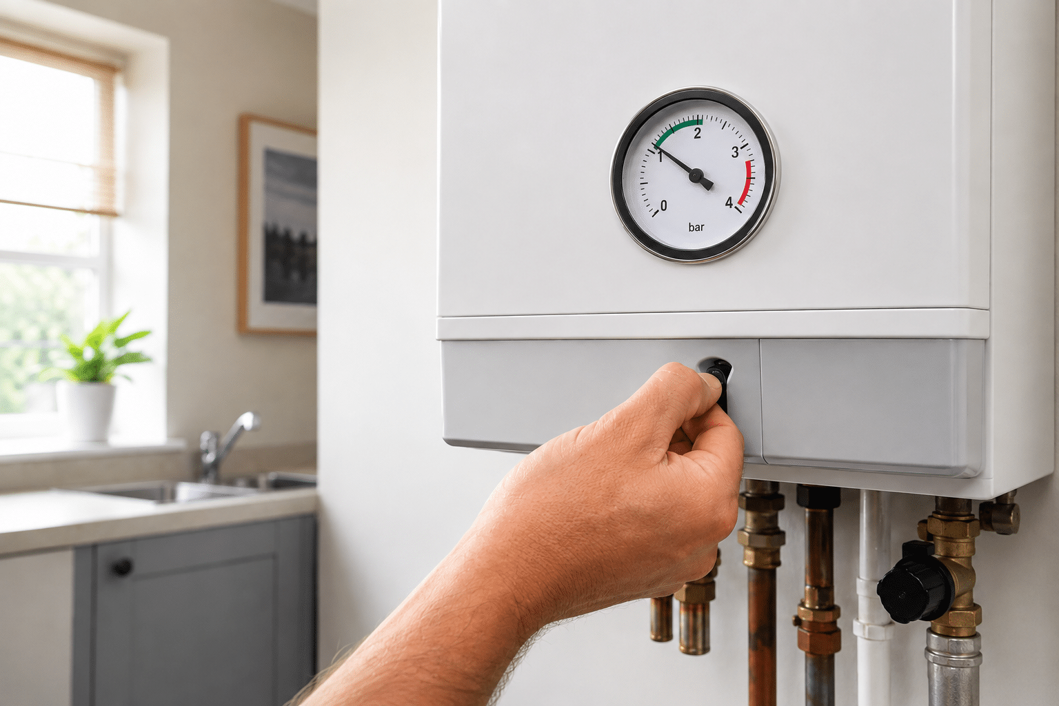 Home boiler pressure gauge being checked in a Worcester property